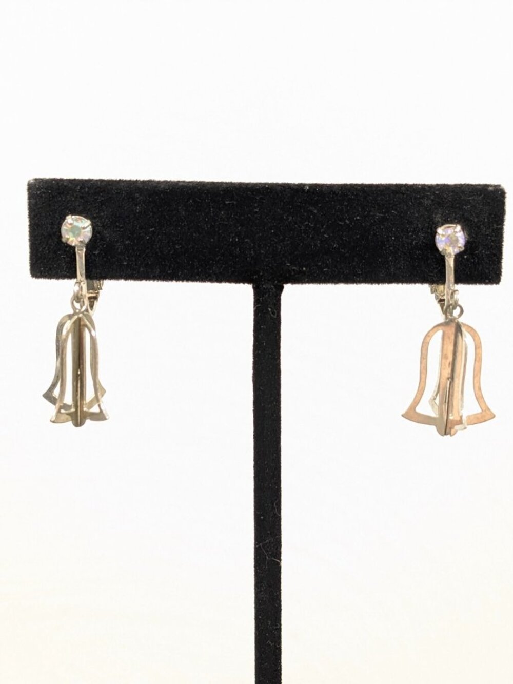 Vintage Aurora Borealis Crystal Bell‎ 3D Silver Tone Clip On Dangle Earrings